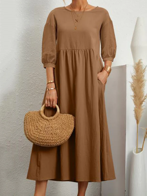 11 Colors Simple Round-Neck Solid Color Midi Dress - Image 8