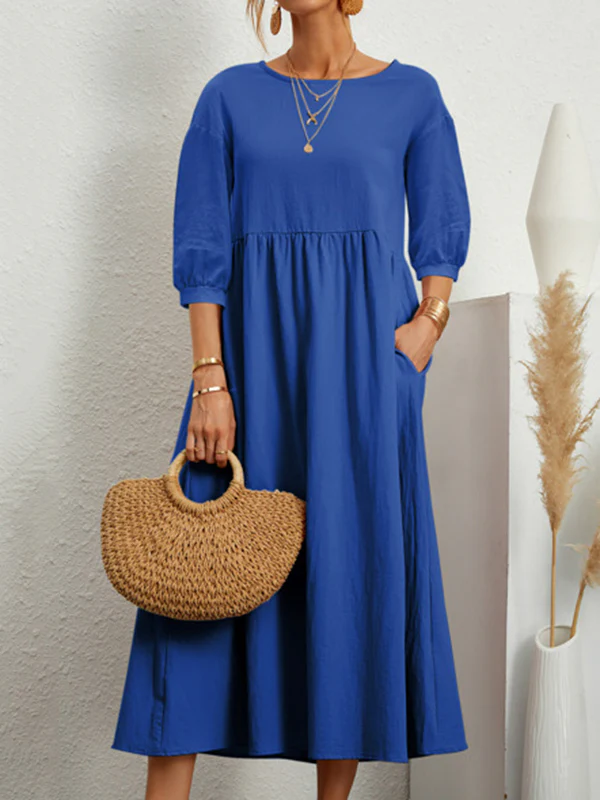 11 Colors Simple Round-Neck Solid Color Midi Dress - Image 9