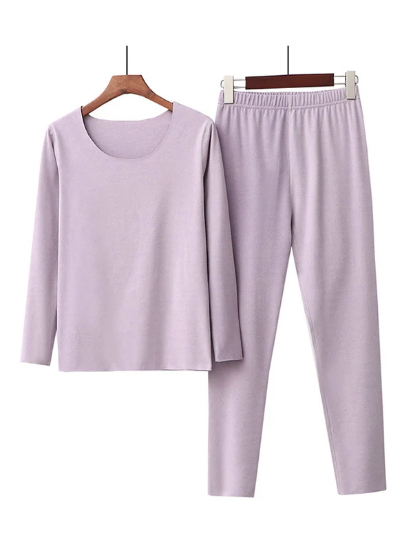 2PCS Plus Size Solid Color Round-Neck Top&Bottom Pajama Set - Image 4