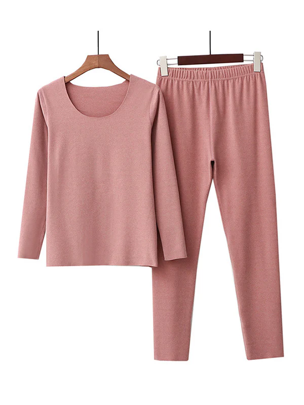 2PCS Plus Size Solid Color Round-Neck Top&Bottom Pajama Set - Image 5