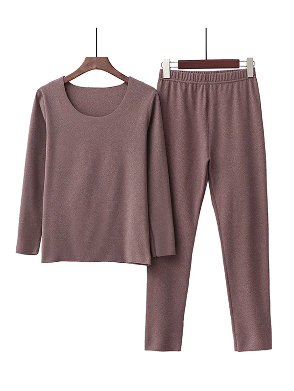 2PCS Plus Size Solid Color Round-Neck Top&Bottom Pajama Set - Image 6