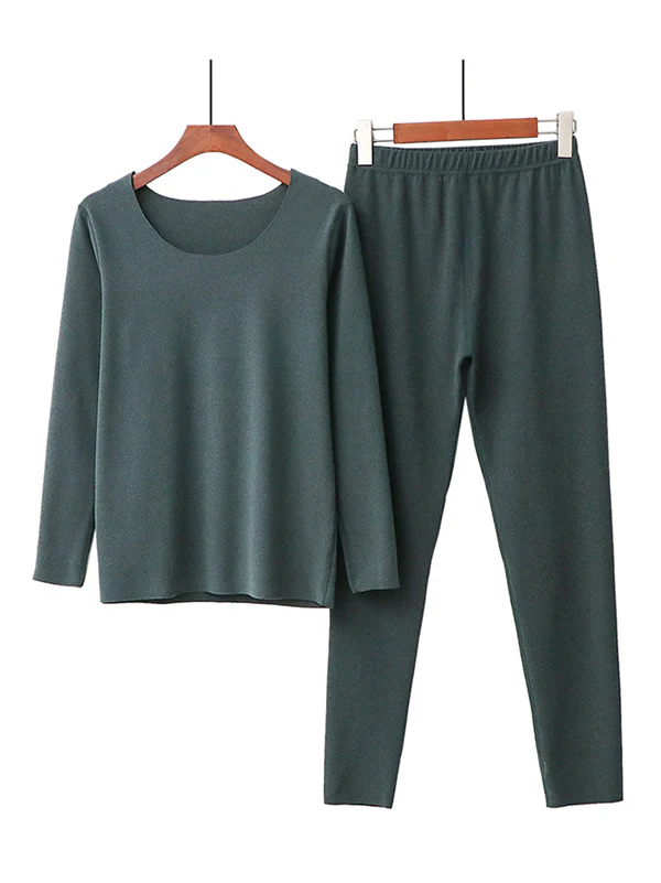 2PCS Plus Size Solid Color Round-Neck Top&Bottom Pajama Set - Image 9