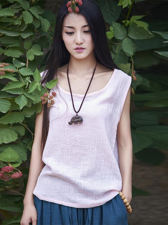 3 Colors Sleeveless Ramie Cotton T-shirt - Image 2