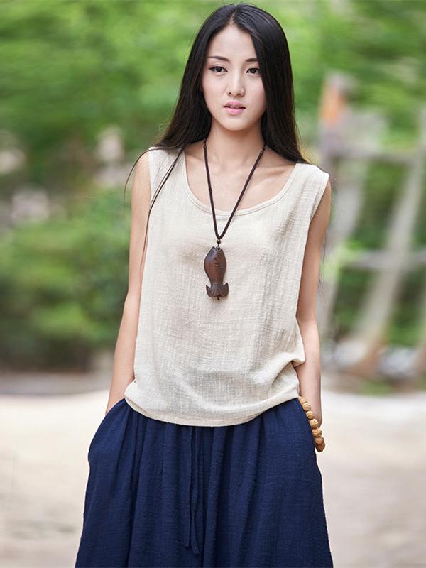 3 Colors Sleeveless Ramie Cotton T-shirt - Image 3