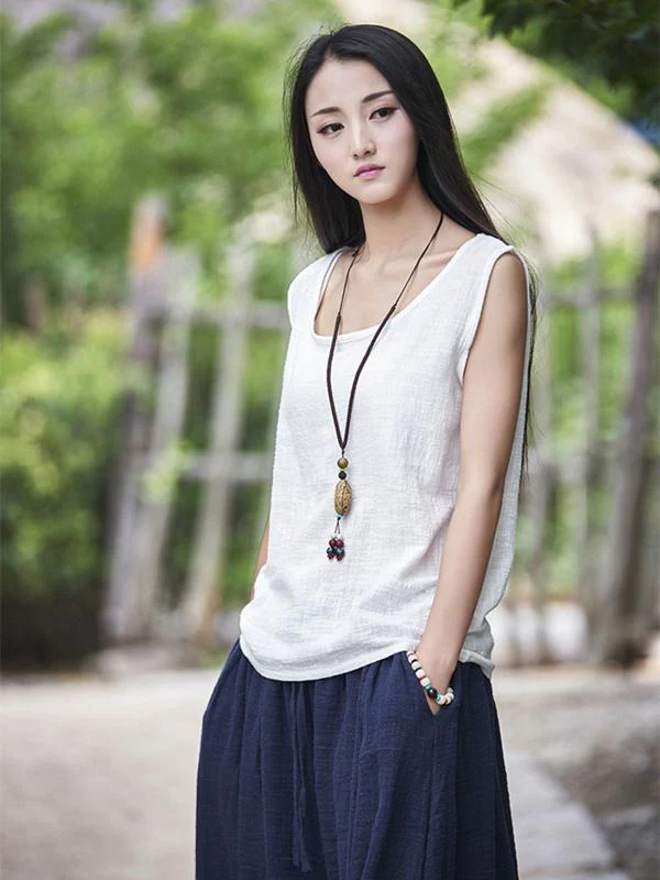 3 Colors Sleeveless Ramie Cotton T-shirt - Image 4