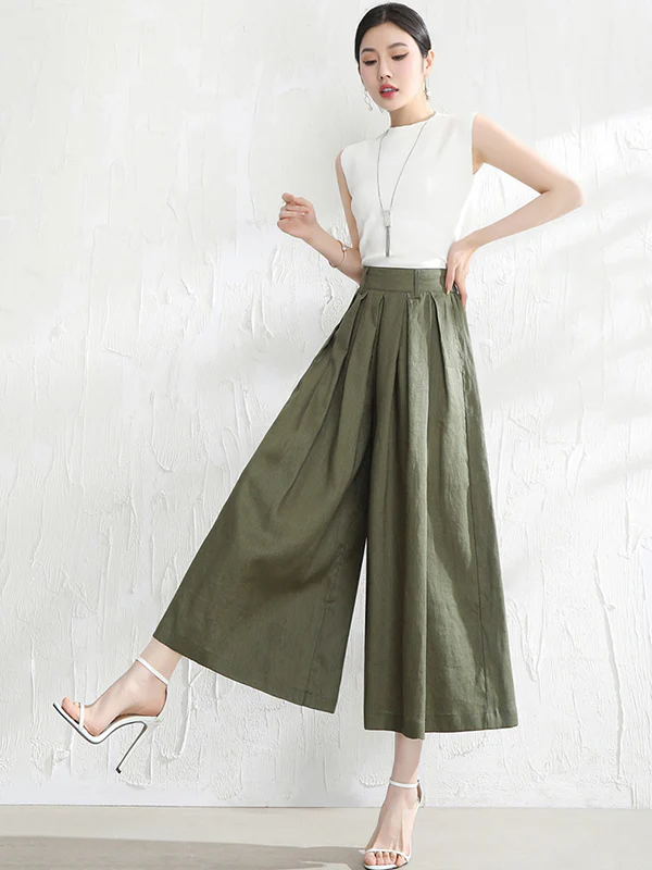 5 Colors Loose Solid Color Ramie Cotton Wide Leg Pants - Image 7