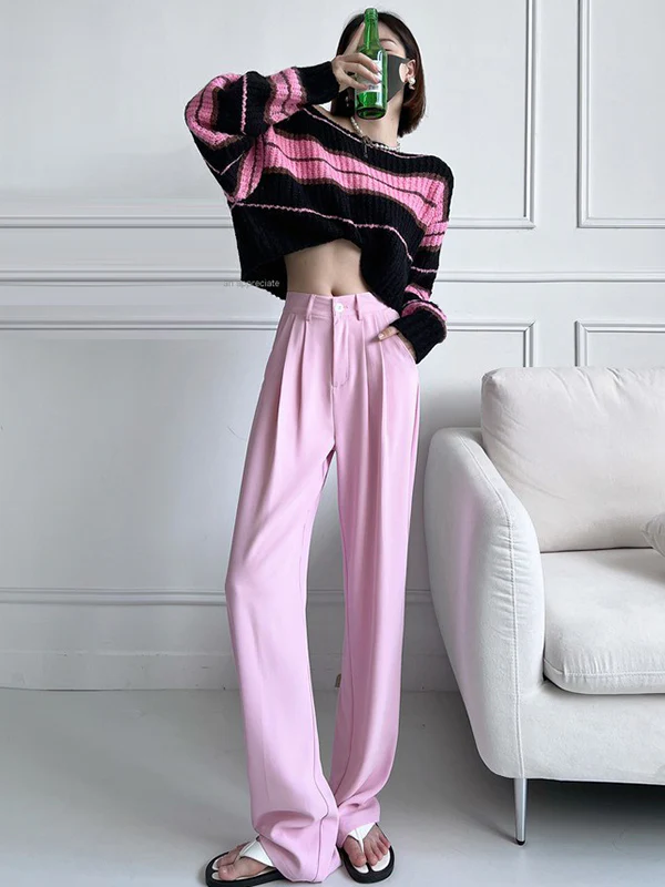 6 Colors Urban High Waisted Wide Leg Solid Color Pants - Image 3