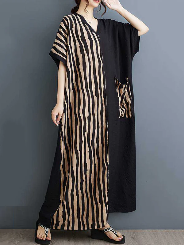 A-Line Batwing Sleeves Contrast Color Pockets Split-Joint Striped V-Neck Maxi Dresses - Image 2