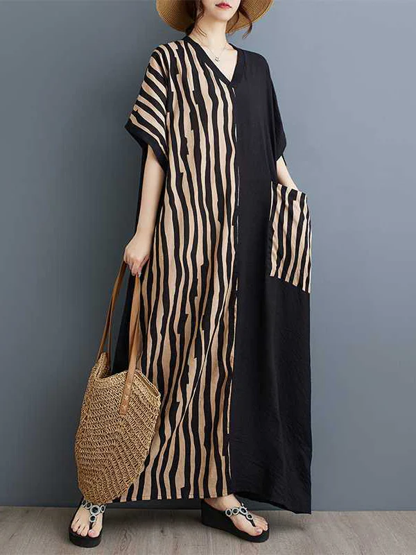 A-Line Batwing Sleeves Contrast Color Pockets Split-Joint Striped V-Neck Maxi Dresses - Image 3