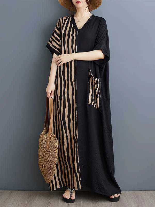 A-Line Batwing Sleeves Contrast Color Pockets Split-Joint Striped V-Neck Maxi Dresses - Image 4