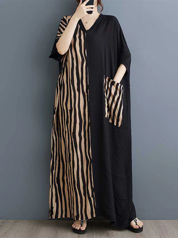 A-Line Batwing Sleeves Contrast Color Pockets Split-Joint Striped V-Neck Maxi Dresses - Image 5