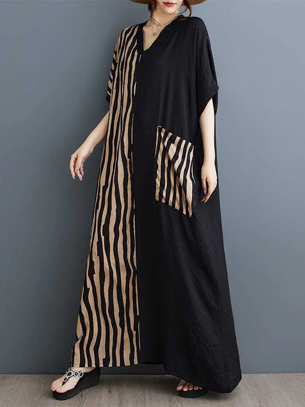 A-Line Batwing Sleeves Contrast Color Pockets Split-Joint Striped V-Neck Maxi Dresses - Image 6