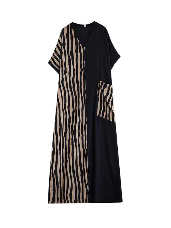 A-Line Batwing Sleeves Contrast Color Pockets Split-Joint Striped V-Neck Maxi Dresses - Image 7