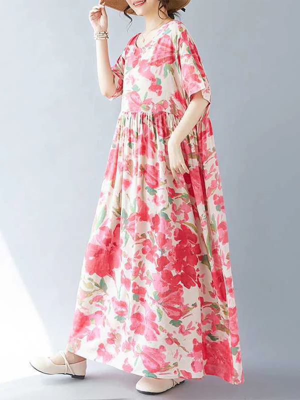 A-line Batwing Sleeves Flower Print Pleated Split-Joint Round-neck Midi Dresses - Image 10