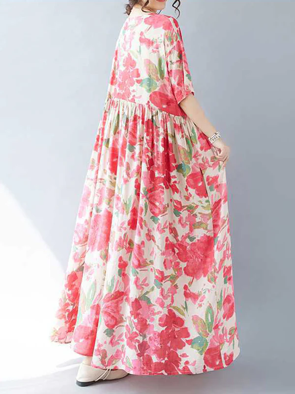 A-line Batwing Sleeves Flower Print Pleated Split-Joint Round-neck Midi Dresses - Image 11