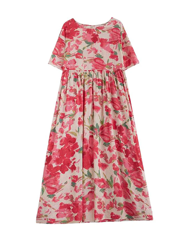 A-line Batwing Sleeves Flower Print Pleated Split-Joint Round-neck Midi Dresses - Image 12