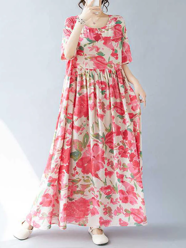 A-line Batwing Sleeves Flower Print Pleated Split-Joint Round-neck Midi Dresses - Image 2