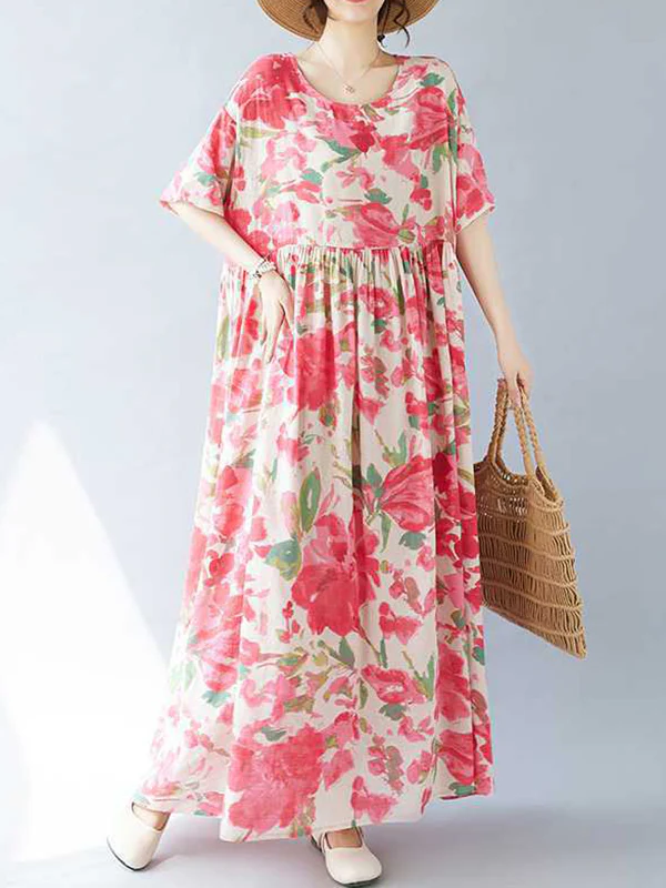 A-line Batwing Sleeves Flower Print Pleated Split-Joint Round-neck Midi Dresses - Image 3