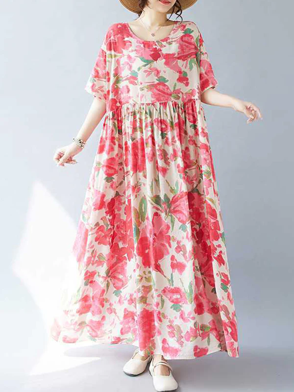 A-line Batwing Sleeves Flower Print Pleated Split-Joint Round-neck Midi Dresses - Image 4
