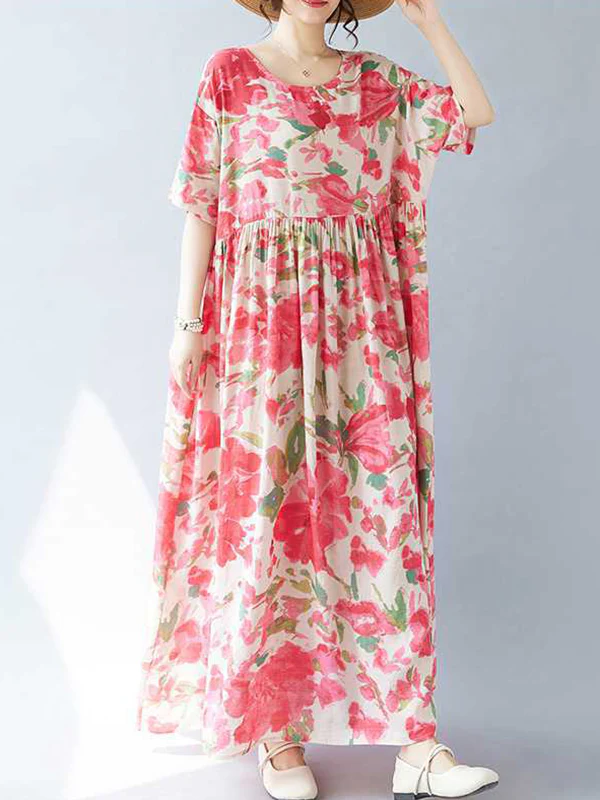 A-line Batwing Sleeves Flower Print Pleated Split-Joint Round-neck Midi Dresses - Image 5
