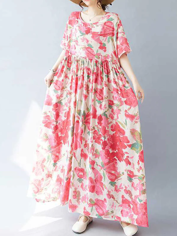 A-line Batwing Sleeves Flower Print Pleated Split-Joint Round-neck Midi Dresses - Image 6