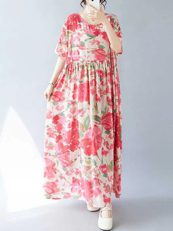 A-line Batwing Sleeves Flower Print Pleated Split-Joint Round-neck Midi Dresses - Image 7