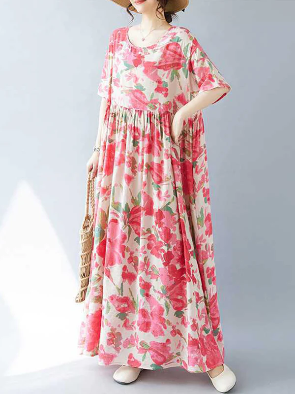 A-line Batwing Sleeves Flower Print Pleated Split-Joint Round-neck Midi Dresses - Image 8