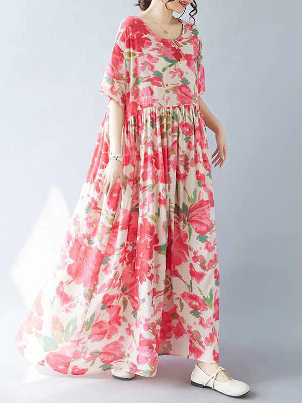 A-line Batwing Sleeves Flower Print Pleated Split-Joint Round-neck Midi Dresses - Image 9