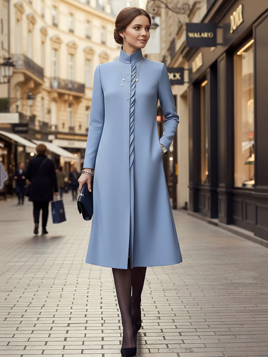 A-Line Bodycon Asymmetric Pleated Pockets Solid Color Split-Joint Stand Collar Midi Dresses - Image 2