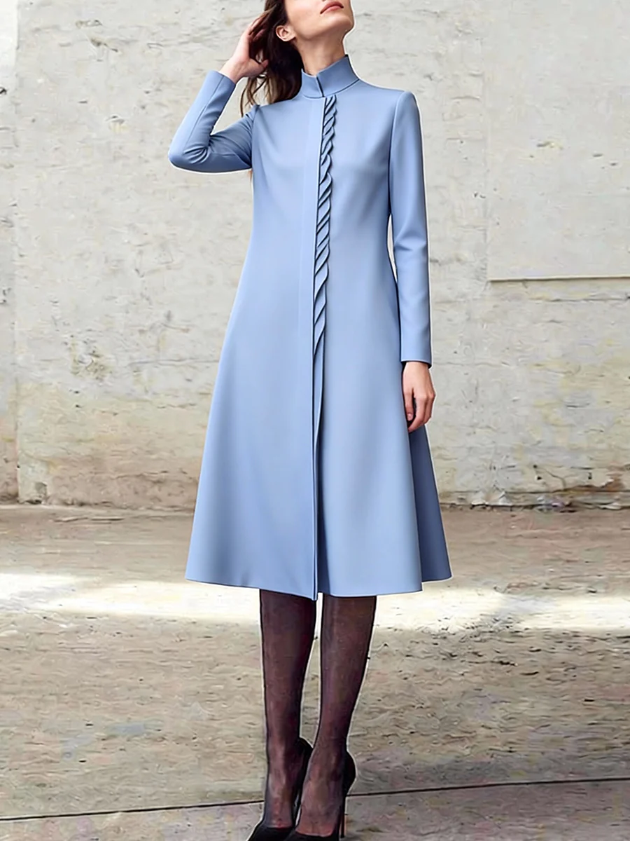 A-Line Bodycon Asymmetric Pleated Pockets Solid Color Split-Joint Stand Collar Midi Dresses - Image 3