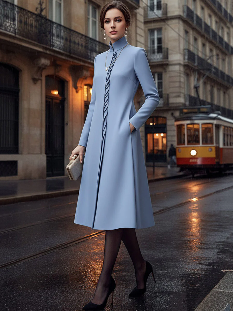 A-Line Bodycon Asymmetric Pleated Pockets Solid Color Split-Joint Stand Collar Midi Dresses - Image 5