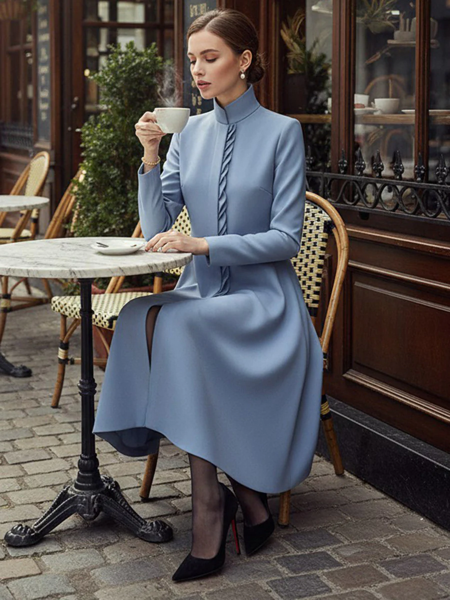 A-Line Bodycon Asymmetric Pleated Pockets Solid Color Split-Joint Stand Collar Midi Dresses - Image 7