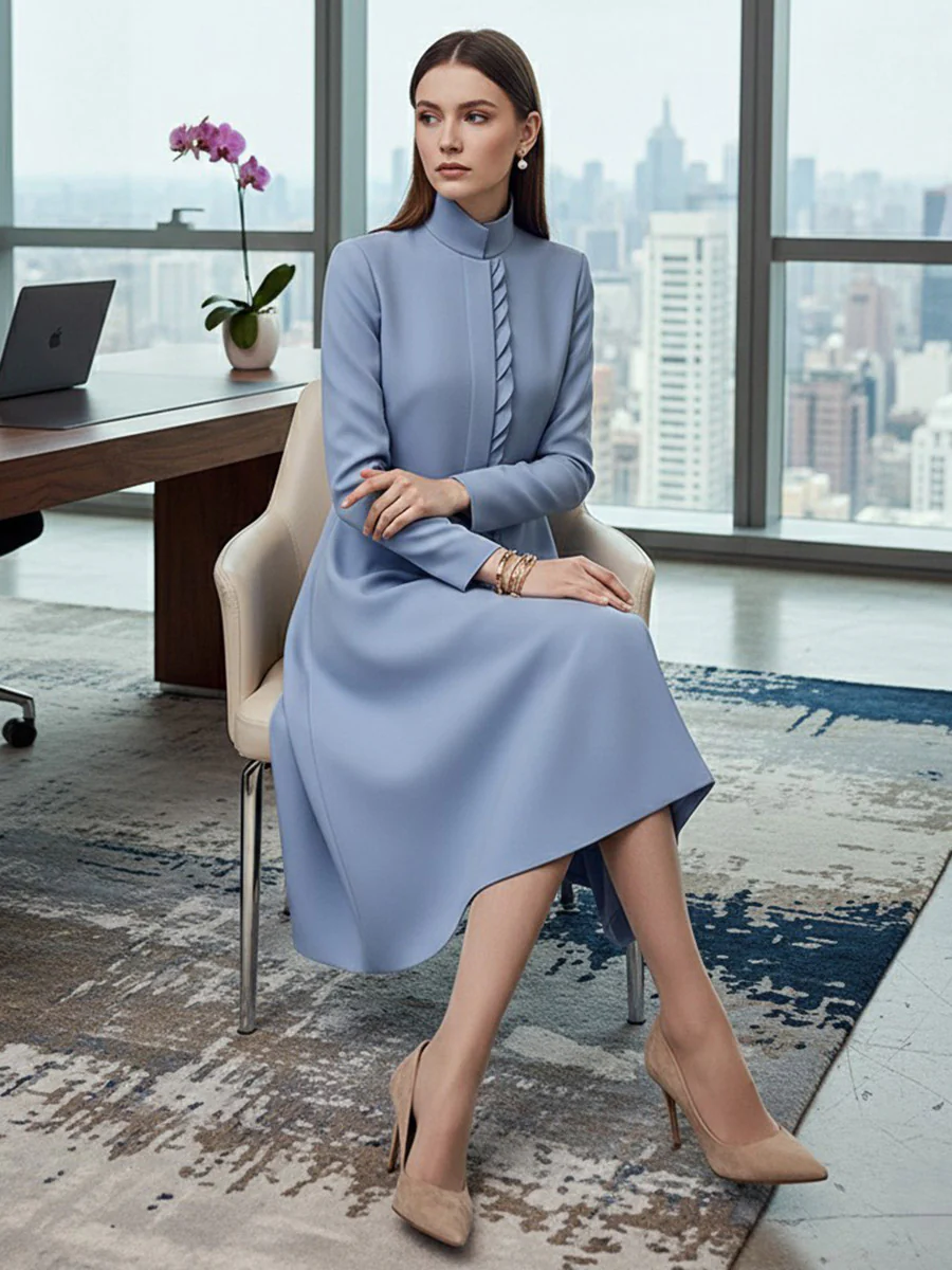 A-Line Bodycon Asymmetric Pleated Pockets Solid Color Split-Joint Stand Collar Midi Dresses - Image 8