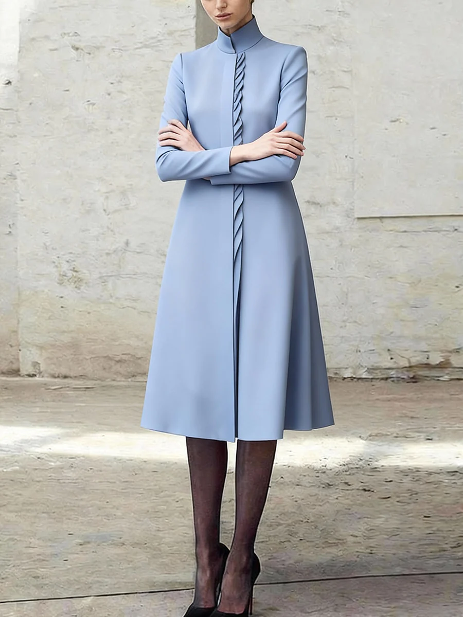 A-Line Bodycon Asymmetric Pleated Pockets Solid Color Split-Joint Stand Collar Midi Dresses - Image 9