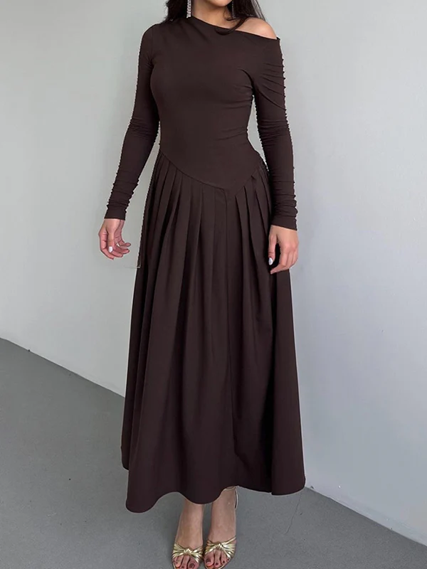 A-Line Bodycon Asymmetric Pleated Solid Color Split-Joint One-Shoulder Maxi Dresses - Image 10