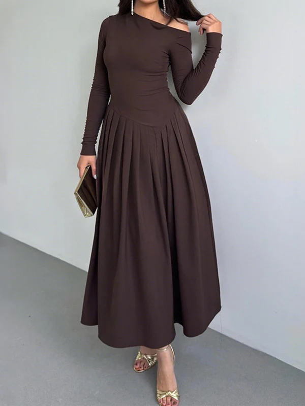 A-Line Bodycon Asymmetric Pleated Solid Color Split-Joint One-Shoulder Maxi Dresses - Image 11