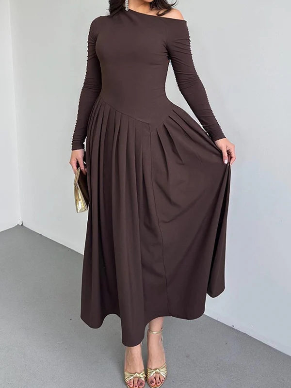 A-Line Bodycon Asymmetric Pleated Solid Color Split-Joint One-Shoulder Maxi Dresses - Image 12