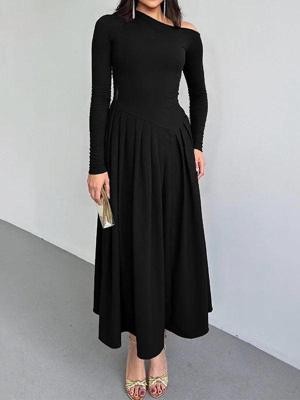 A-Line Bodycon Asymmetric Pleated Solid Color Split-Joint One-Shoulder Maxi Dresses - Image 3