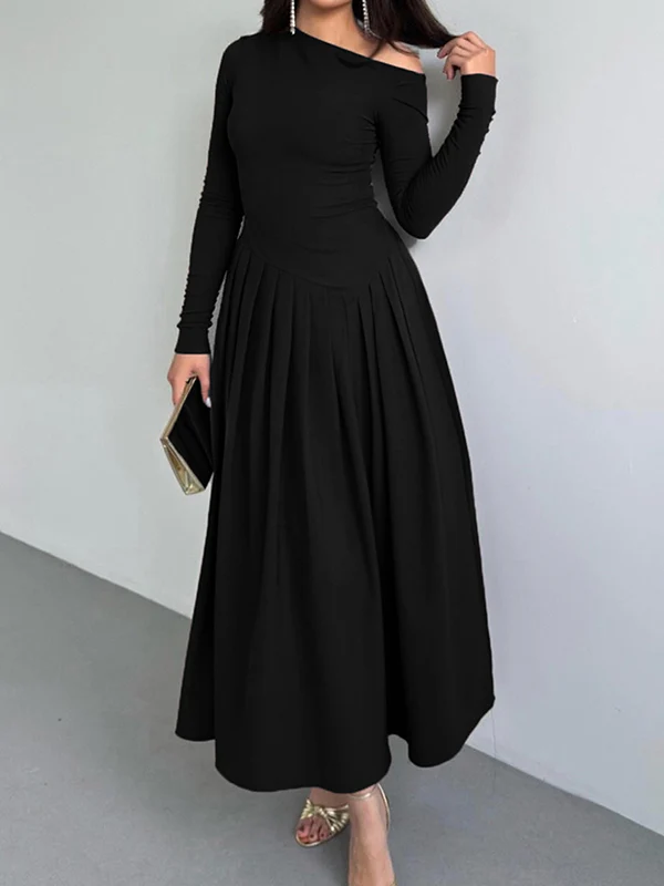 A-Line Bodycon Asymmetric Pleated Solid Color Split-Joint One-Shoulder Maxi Dresses - Image 4