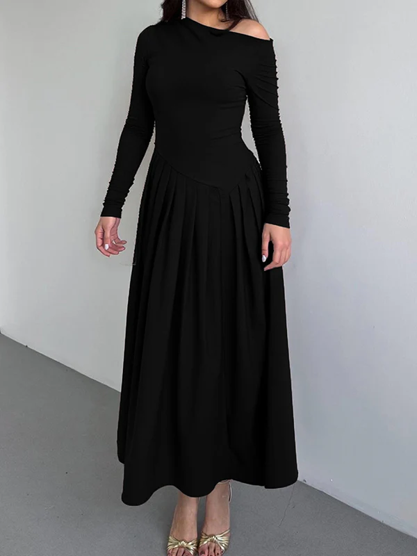 A-Line Bodycon Asymmetric Pleated Solid Color Split-Joint One-Shoulder Maxi Dresses - Image 5