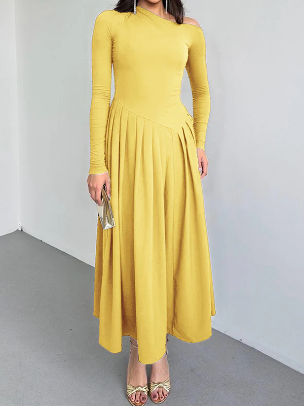 A-Line Bodycon Asymmetric Pleated Solid Color Split-Joint One-Shoulder Maxi Dresses - Image 7