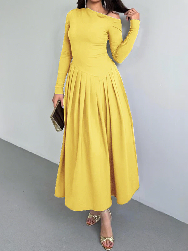 A-Line Bodycon Asymmetric Pleated Solid Color Split-Joint One-Shoulder Maxi Dresses - Image 8