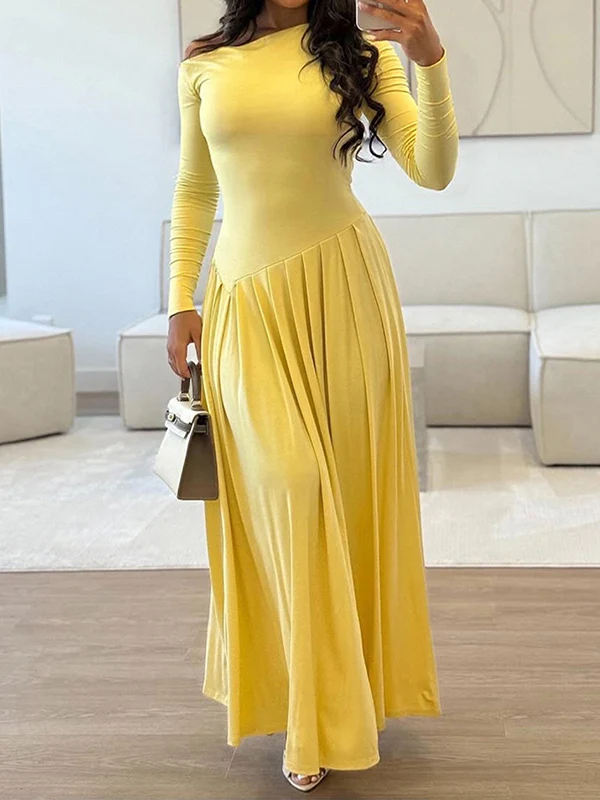 A-Line Bodycon Asymmetric Pleated Solid Color Split-Joint One-Shoulder Maxi Dresses - Image 9
