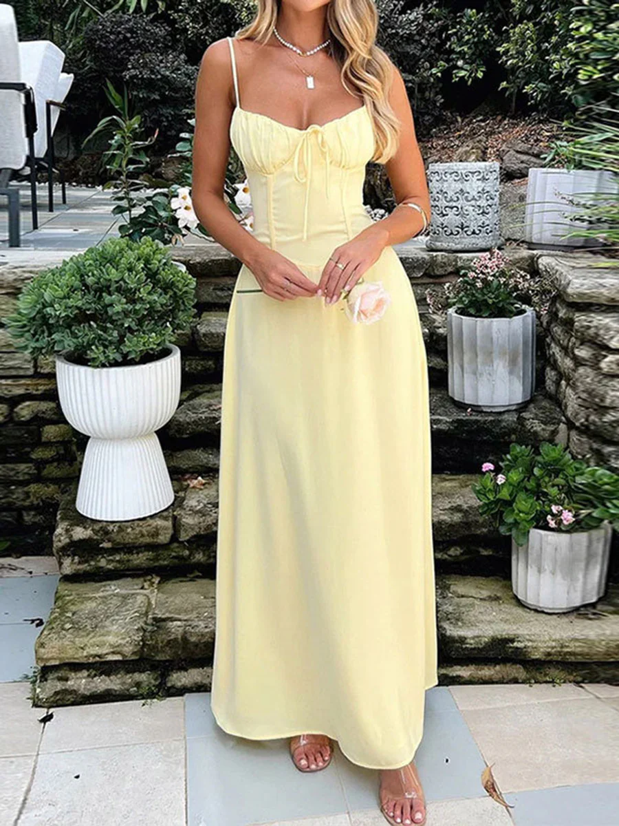 A-Line Bodycon Drawstring Pleated Solid Color Split-Joint Spaghetti-Neck Maxi Dresses - Image 2
