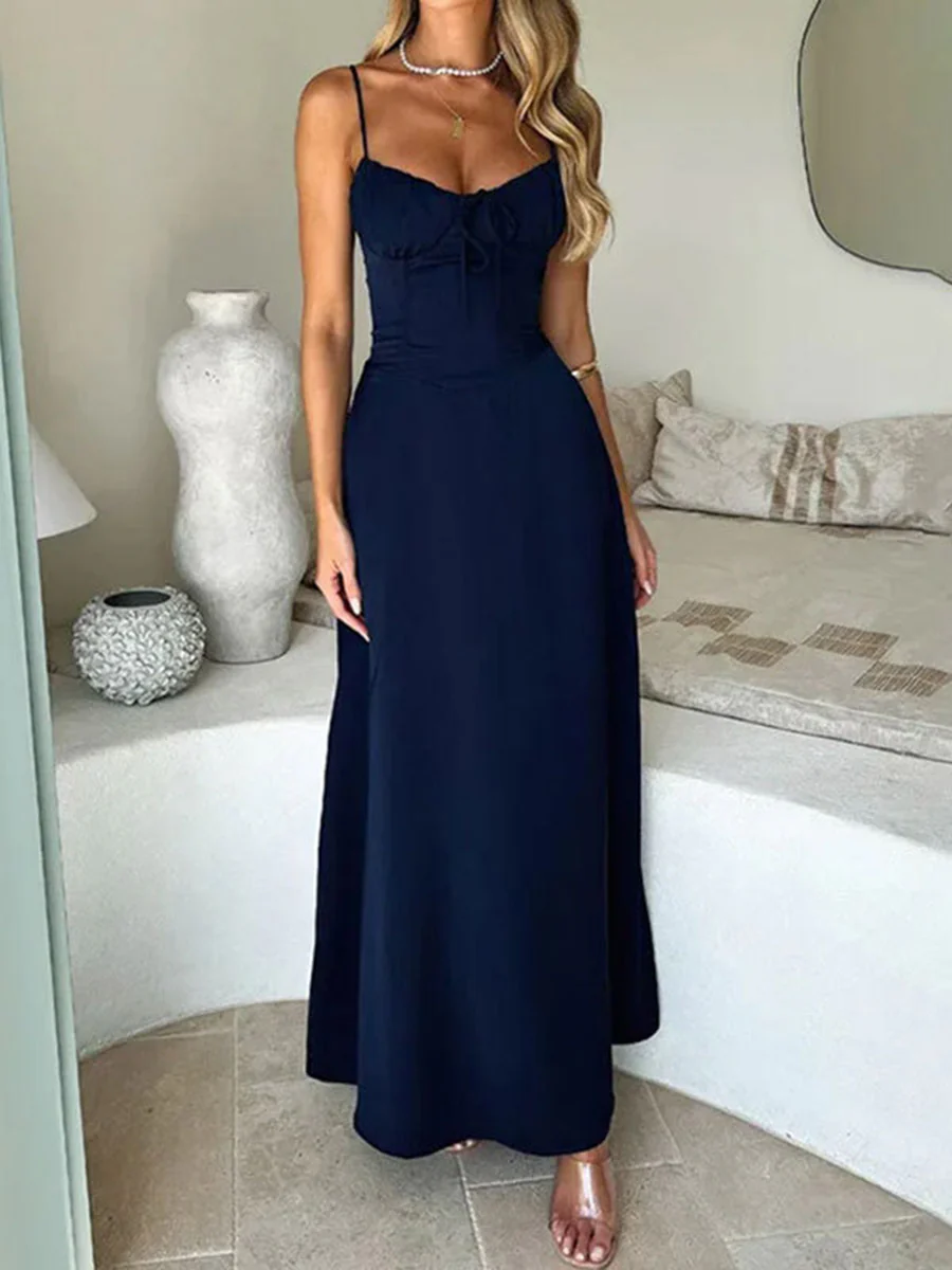 A-Line Bodycon Drawstring Pleated Solid Color Split-Joint Spaghetti-Neck Maxi Dresses - Image 5