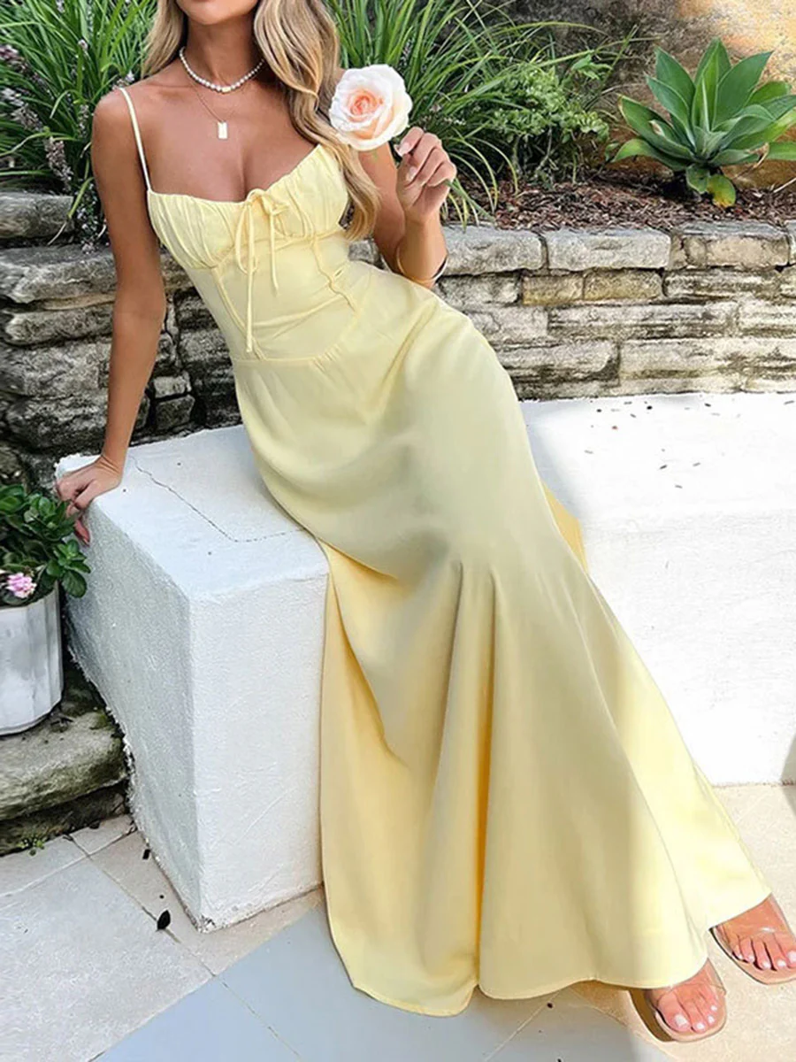 A-Line Bodycon Drawstring Pleated Solid Color Split-Joint Spaghetti-Neck Maxi Dresses - Image 6
