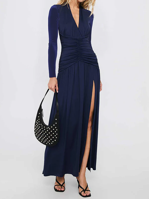 A-Line Bodycon Pleated Solid Color Split-Joint Split-Side Deep V-Neck Maxi Dresses - Image 10