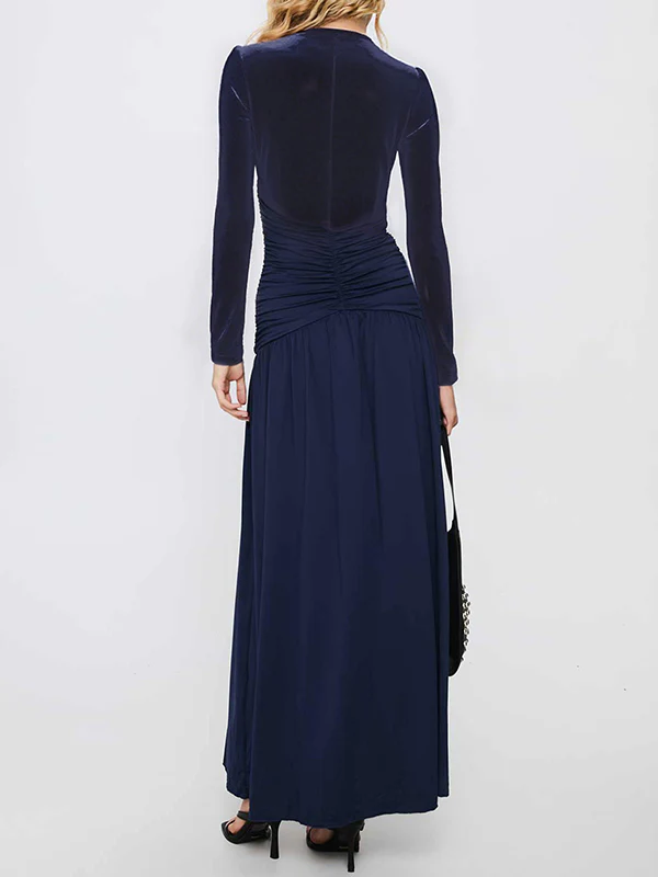 A-Line Bodycon Pleated Solid Color Split-Joint Split-Side Deep V-Neck Maxi Dresses - Image 11
