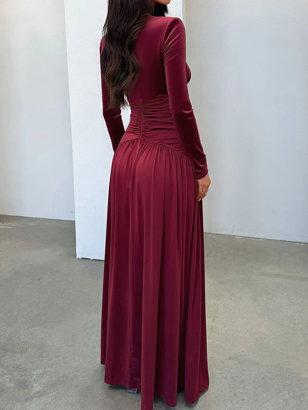 A-Line Bodycon Pleated Solid Color Split-Joint Split-Side Deep V-Neck Maxi Dresses - Image 12