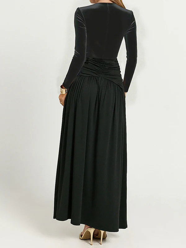 A-Line Bodycon Pleated Solid Color Split-Joint Split-Side Deep V-Neck Maxi Dresses - Image 5